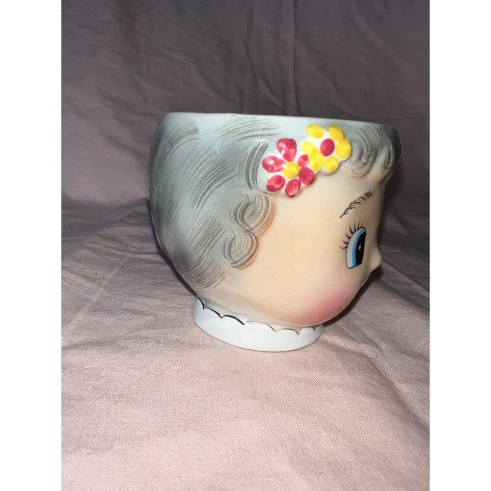 Vintage PY Japan Ceramic Mug With Adorable Face Design & Floral Accent